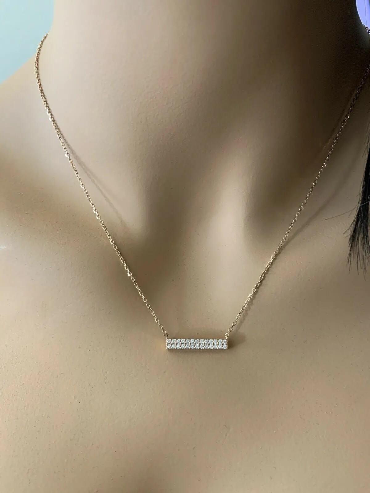 0.35Ct Stunning 14K Solid Rose Gold Diamond Bar Necklace