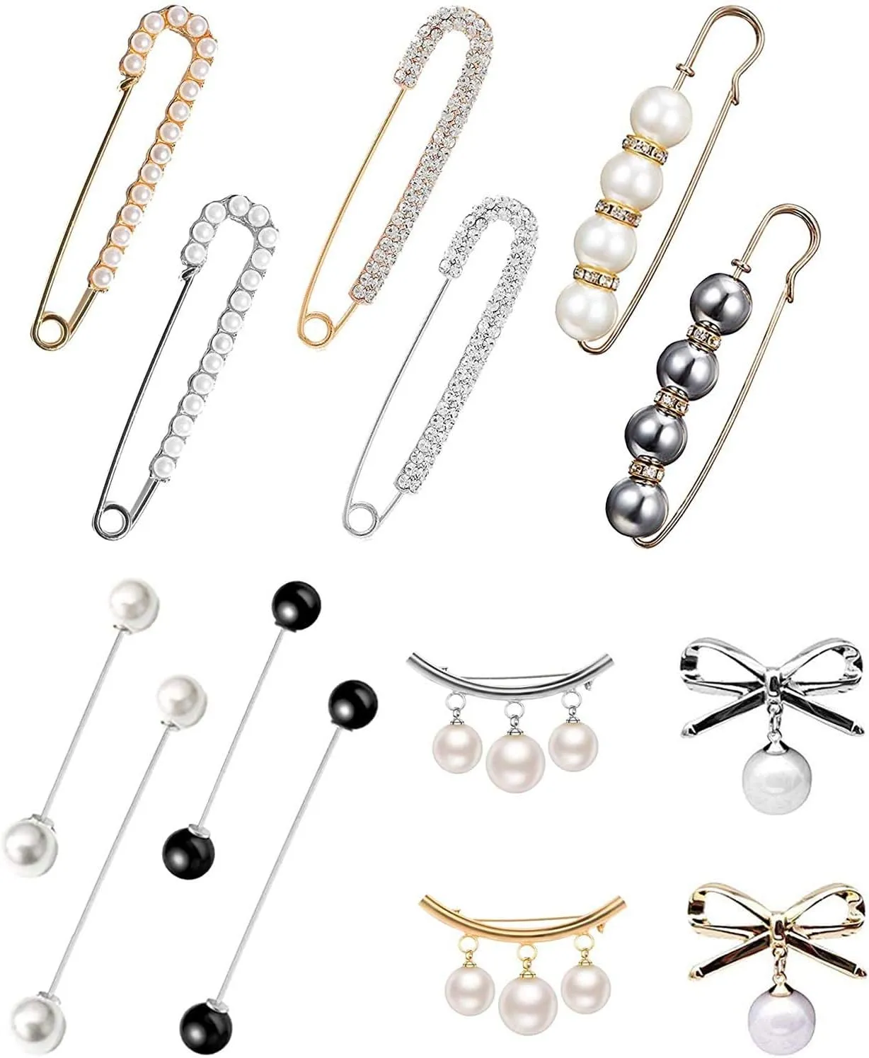 14 PCS Brooch Pins Faux Pearl Safety Pins Sweater Shawl Clips Vintage Shirts Dresses Cardigan Collar Brooches Pins Set