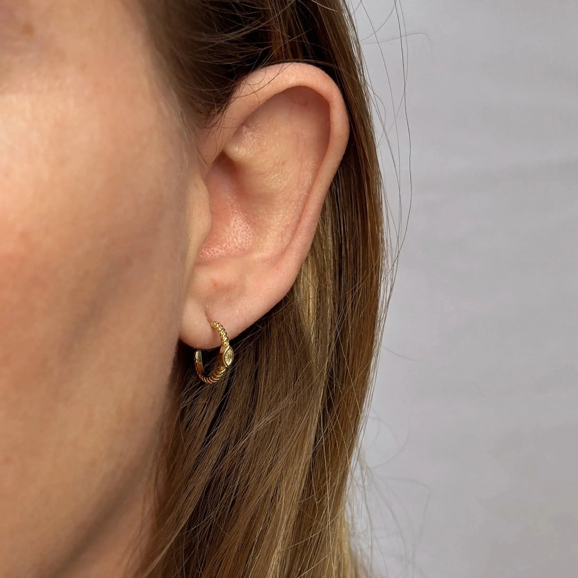 18k Gold Filled Earrings Mini CZ Eye C Hoop