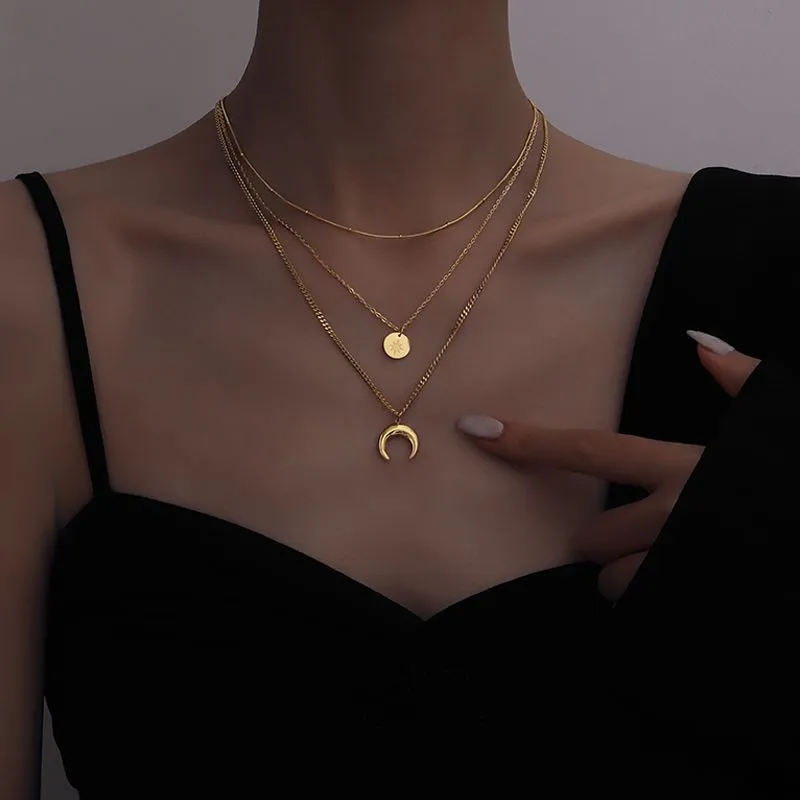 18K Gold Three Layer Star Moon Design Pendant Necklace Stainless Steel