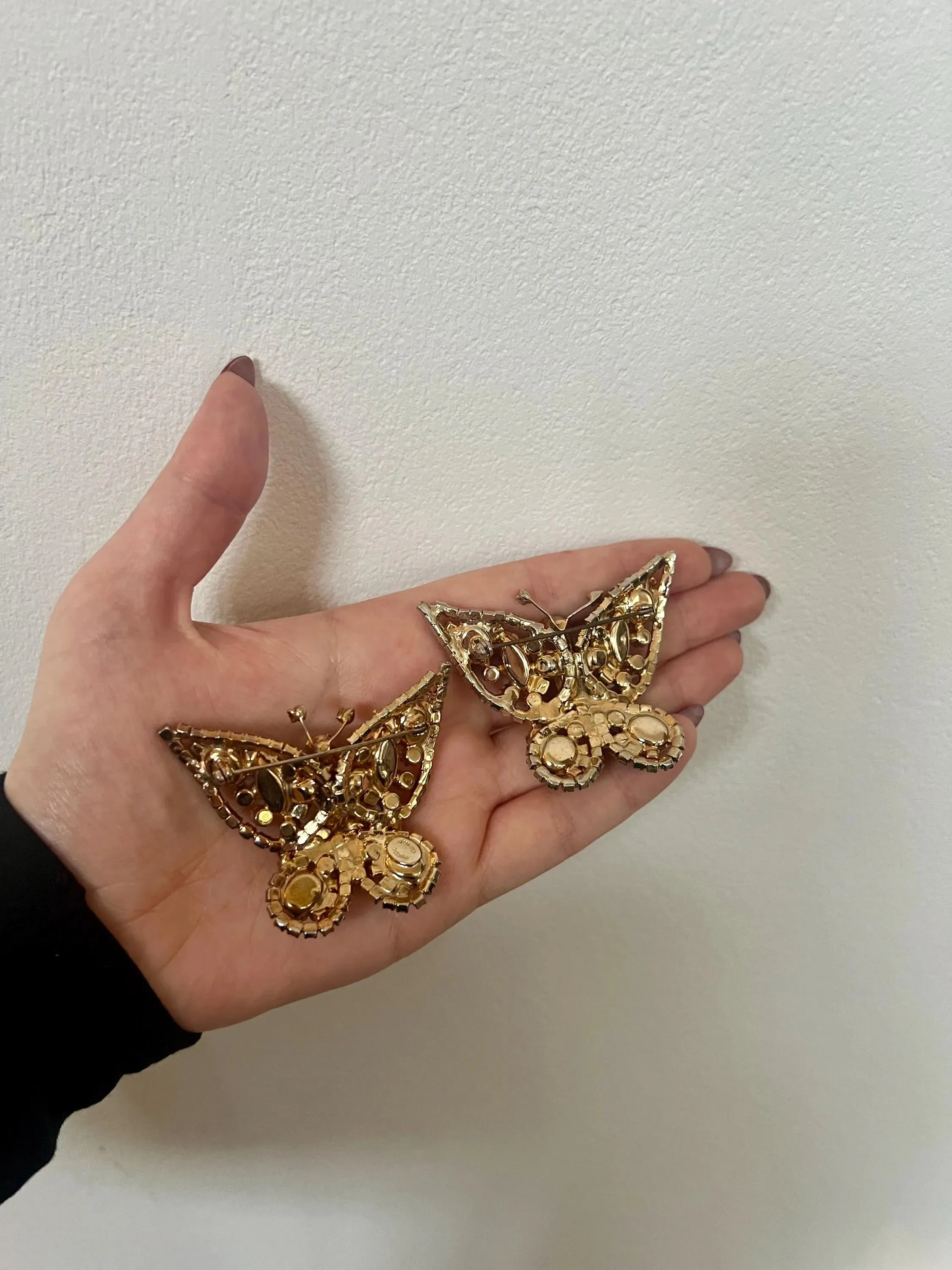 1950s Hattie Carnegie Iridescent Pink & Blue Butterfly Brooch Pair