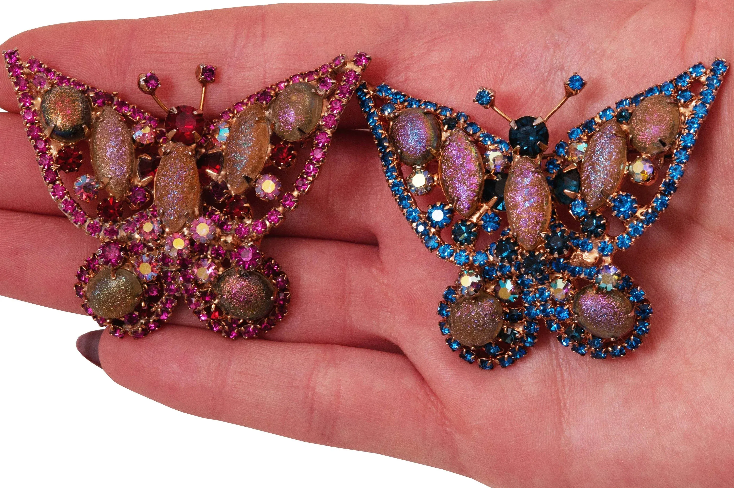 1950s Hattie Carnegie Iridescent Pink & Blue Butterfly Brooch Pair
