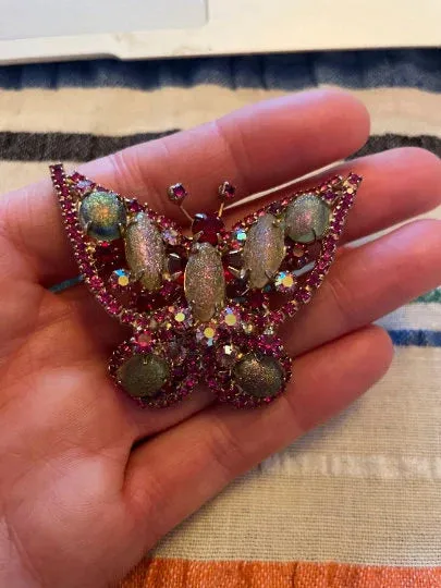 1950s Hattie Carnegie Iridescent Pink & Blue Butterfly Brooch Pair