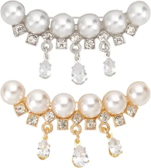 2 Pcs Pearl Brooch Clips, 2 Colors Sweater Shawl Clips Alloy Crystal Rhinestone Brooches Cardigan Clip Collar Pins Dress Sweater Collar Brooches for Women Gifts