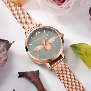 3D Bee Dial Stainless Steel Female Quartz Watch (Rose Gold, Green, White)