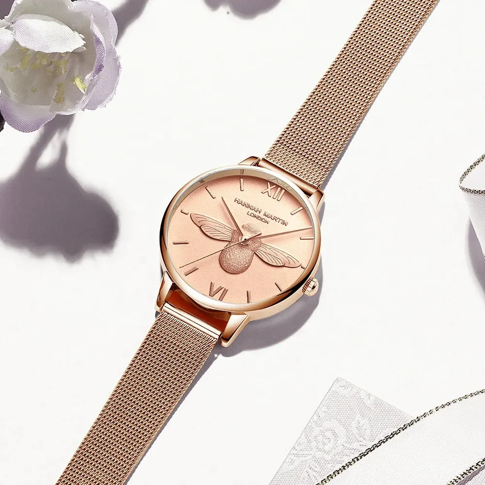 3D Bee Dial Stainless Steel Female Quartz Watch (Rose Gold, Green, White)