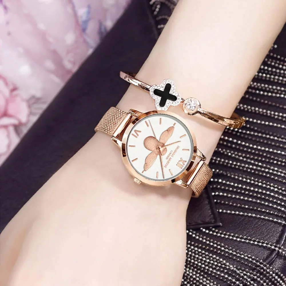 3D Bee Dial Stainless Steel Female Quartz Watch (Rose Gold, Green, White)