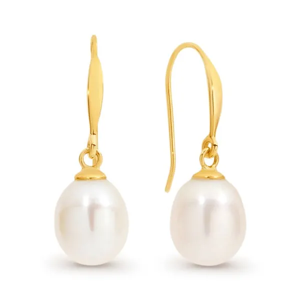 9ct Yellow Gold And Fresh Water Drop Pearl Earrings