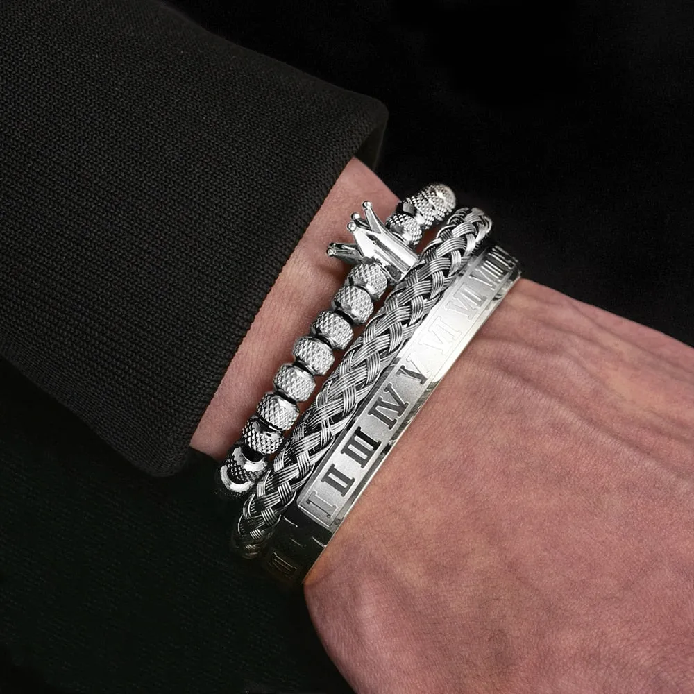 Aidase  Luxury Roman Royal Crown Charm Bracelet Men Stainless Steel Geometry Pulseiras Men Open Adjustable Bracelets Couple Jewelry Gift