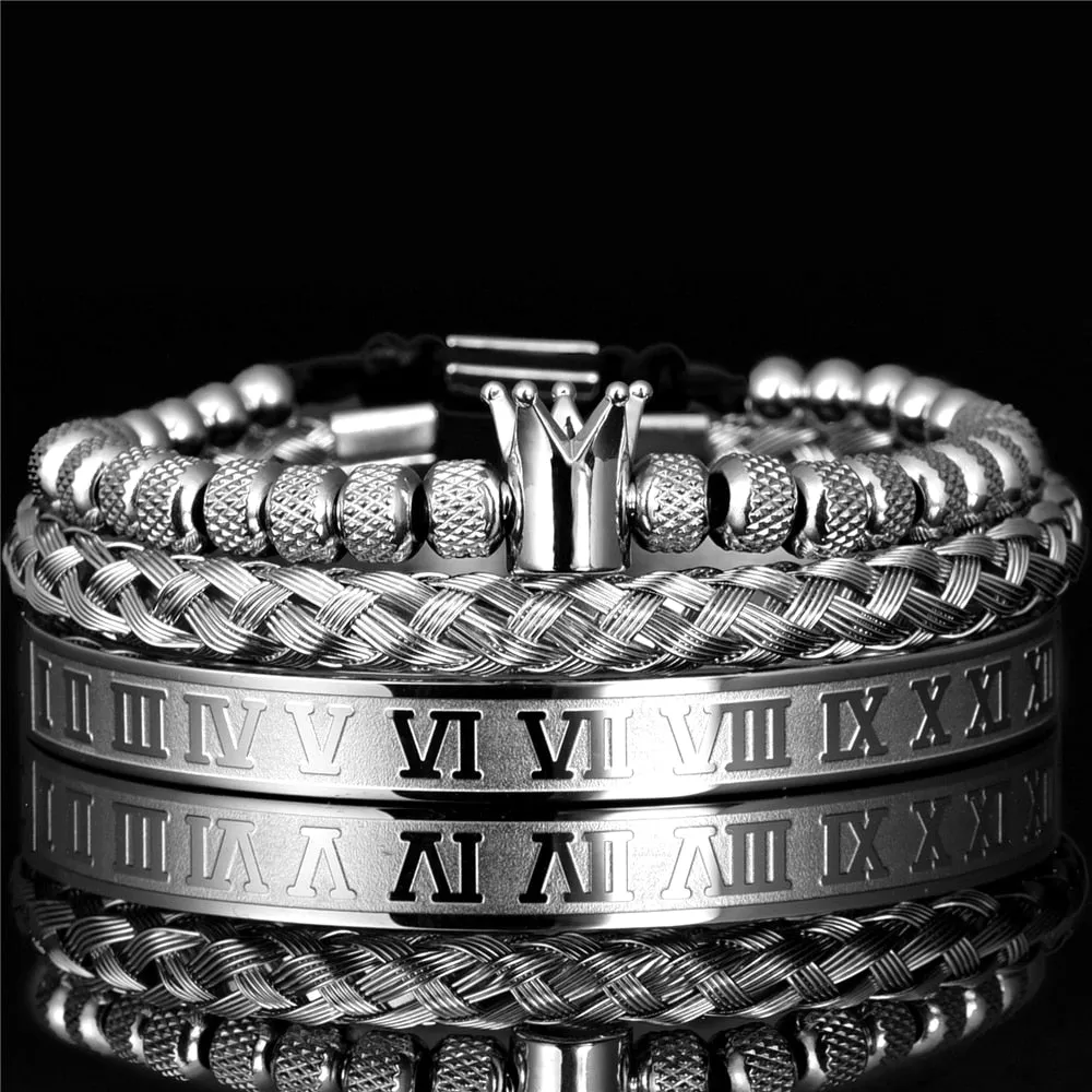 Aidase  Luxury Roman Royal Crown Charm Bracelet Men Stainless Steel Geometry Pulseiras Men Open Adjustable Bracelets Couple Jewelry Gift
