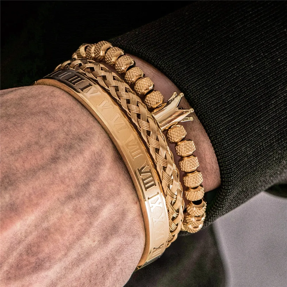 Aidase  Luxury Roman Royal Crown Charm Bracelet Men Stainless Steel Geometry Pulseiras Men Open Adjustable Bracelets Couple Jewelry Gift