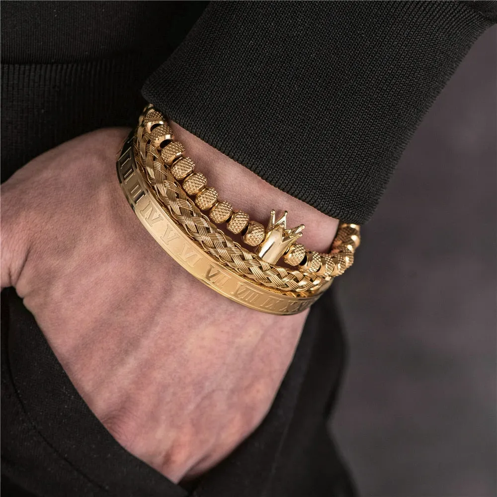 Aidase  Luxury Roman Royal Crown Charm Bracelet Men Stainless Steel Geometry Pulseiras Men Open Adjustable Bracelets Couple Jewelry Gift