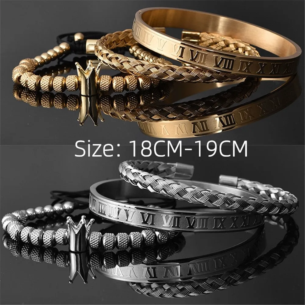 Aidase  Luxury Roman Royal Crown Charm Bracelet Men Stainless Steel Geometry Pulseiras Men Open Adjustable Bracelets Couple Jewelry Gift