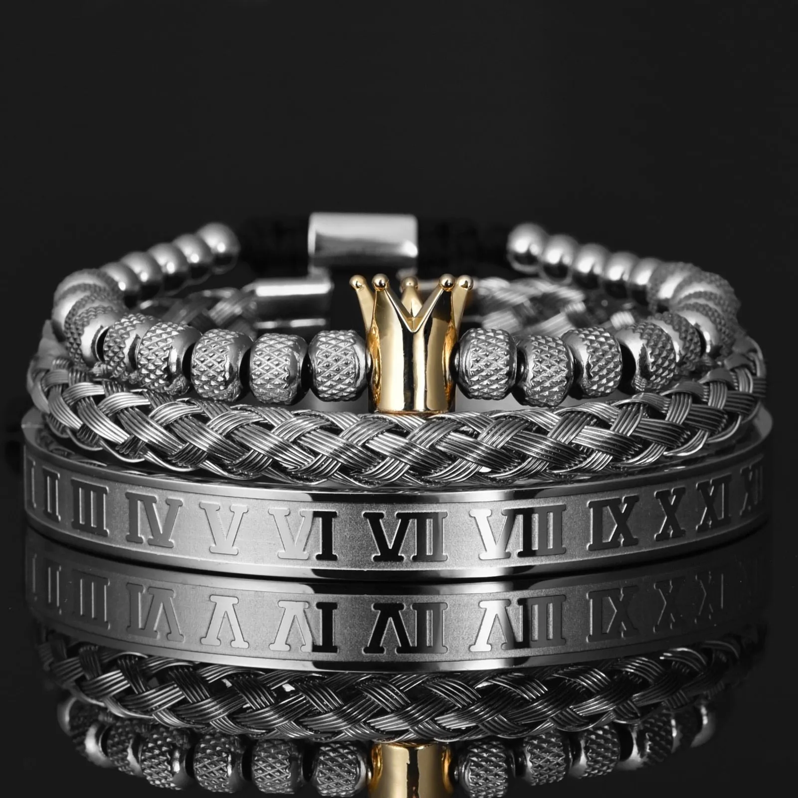 Aidase  Luxury Roman Royal Crown Charm Bracelet Men Stainless Steel Geometry Pulseiras Men Open Adjustable Bracelets Couple Jewelry Gift
