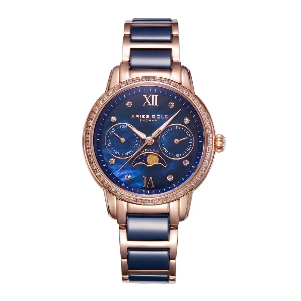 ARIES GOLD ENCHANT LUNA ROSE GOLD STAINLESS STEEL L 58010L RG-BUMP BLUE CERAMIC WOMEN'S WATCH