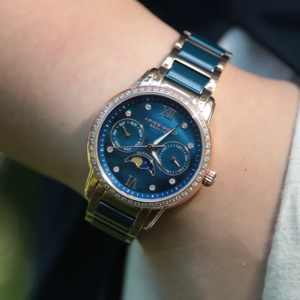 ARIES GOLD ENCHANT LUNA ROSE GOLD STAINLESS STEEL L 58010L RG-BUMP BLUE CERAMIC WOMEN'S WATCH