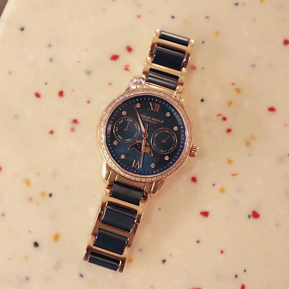 ARIES GOLD ENCHANT LUNA ROSE GOLD STAINLESS STEEL L 58010L RG-BUMP BLUE CERAMIC WOMEN'S WATCH