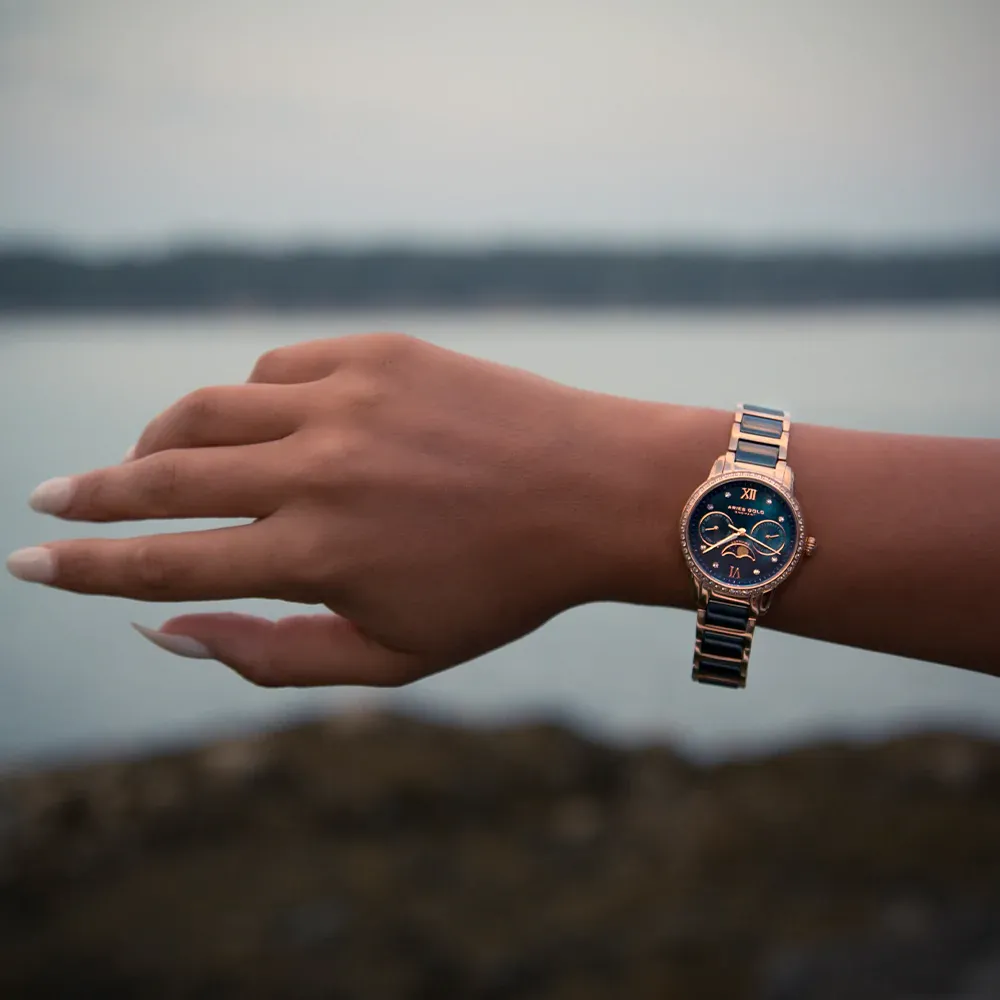 ARIES GOLD ENCHANT LUNA ROSE GOLD STAINLESS STEEL L 58010L RG-BUMP BLUE CERAMIC WOMEN'S WATCH