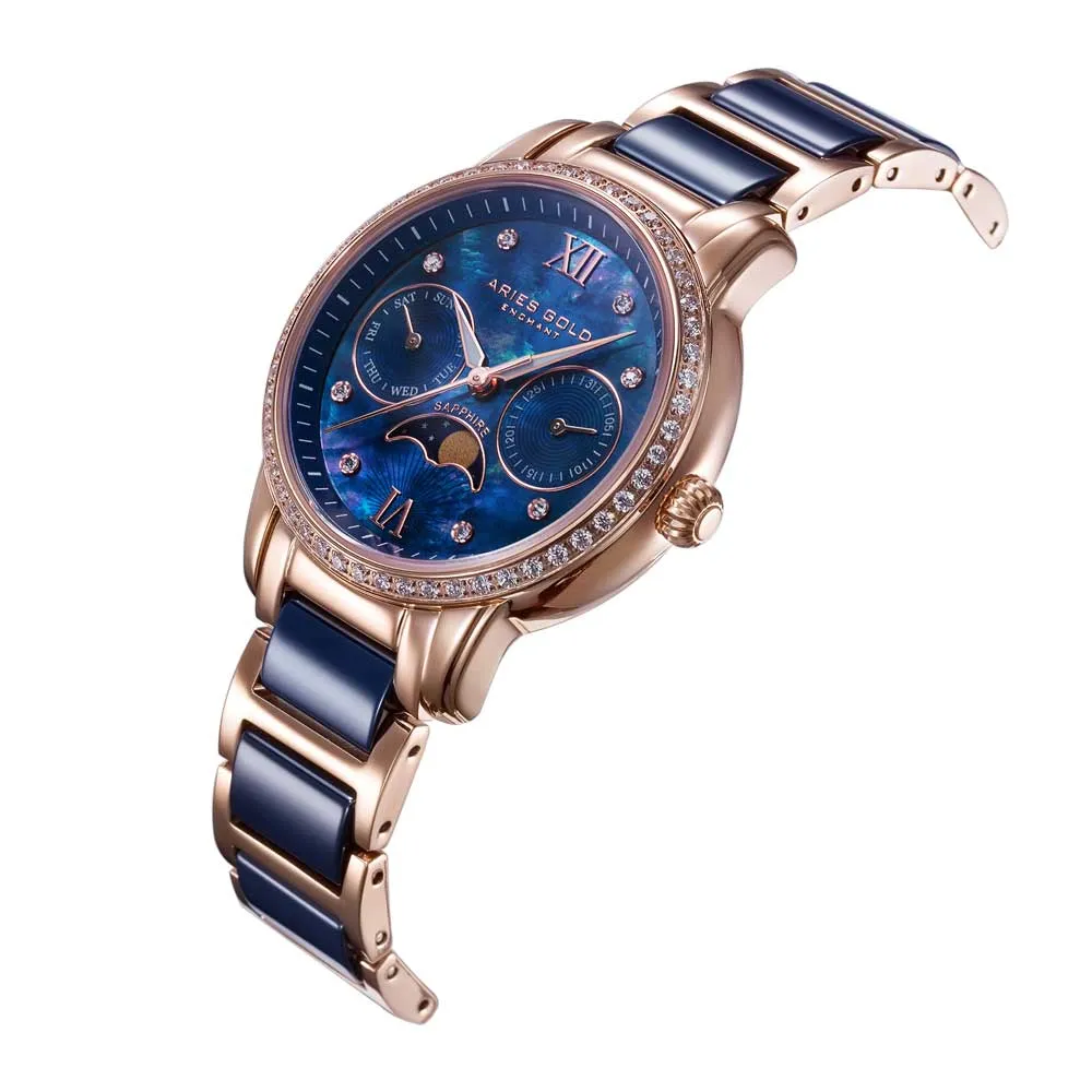 ARIES GOLD ENCHANT LUNA ROSE GOLD STAINLESS STEEL L 58010L RG-BUMP BLUE CERAMIC WOMEN'S WATCH
