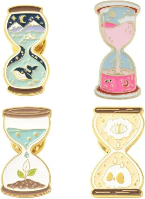 Beebeecraft 1 Box 4 Style Enamel Lapel Pins Set Gold Hourglass Space Ocean Skull Brooch Pins for Backpack Hats Sweater Decoration Clothes Accessories Gifts