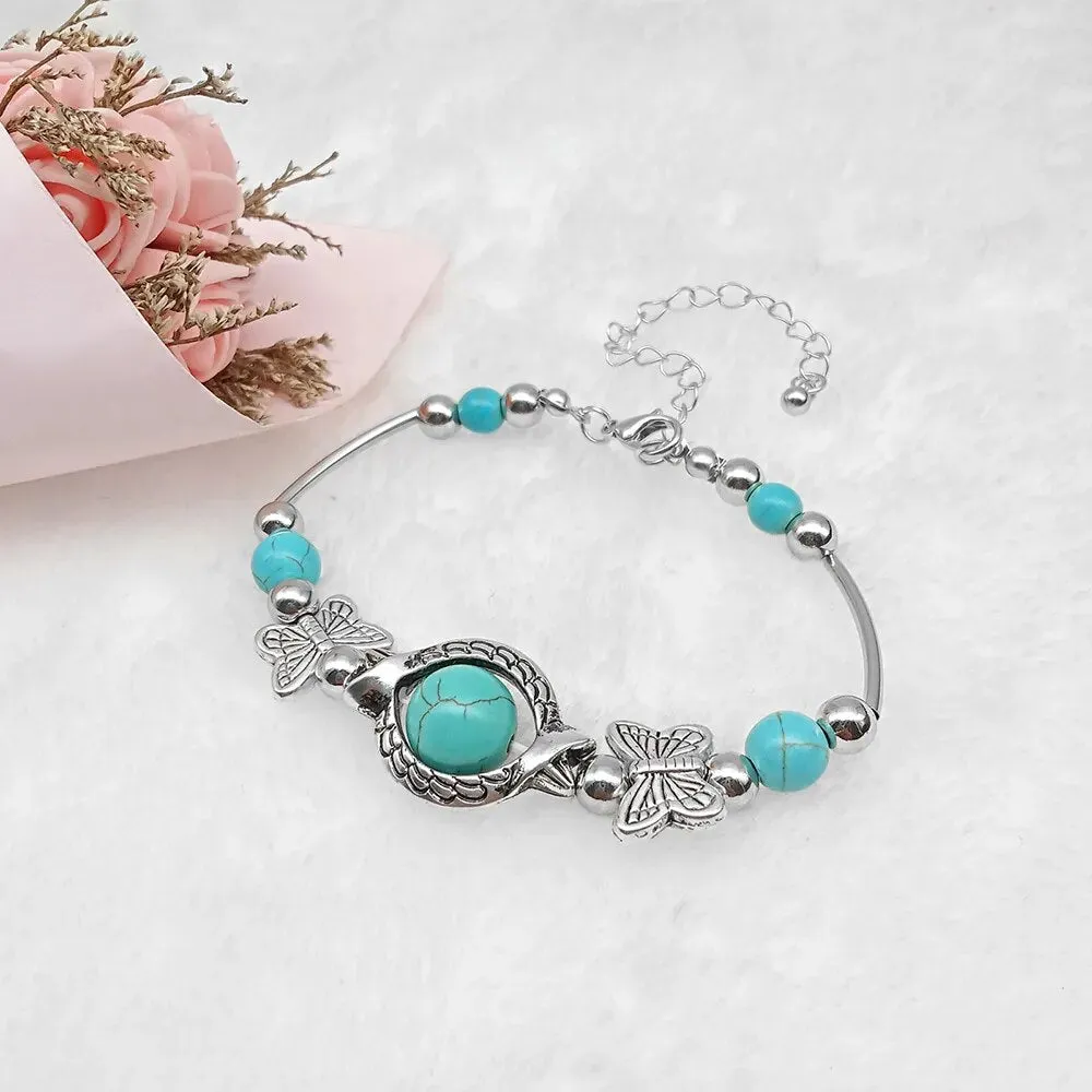 Bohemian Ethnic Butterfly Turtle Blue Beads Bangle Bracelets for Women