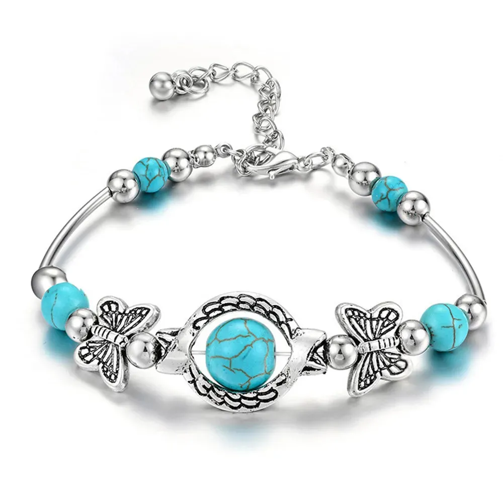 Bohemian Ethnic Butterfly Turtle Blue Beads Bangle Bracelets for Women