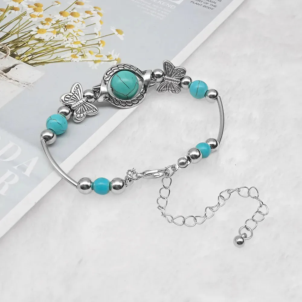 Bohemian Ethnic Butterfly Turtle Blue Beads Bangle Bracelets for Women