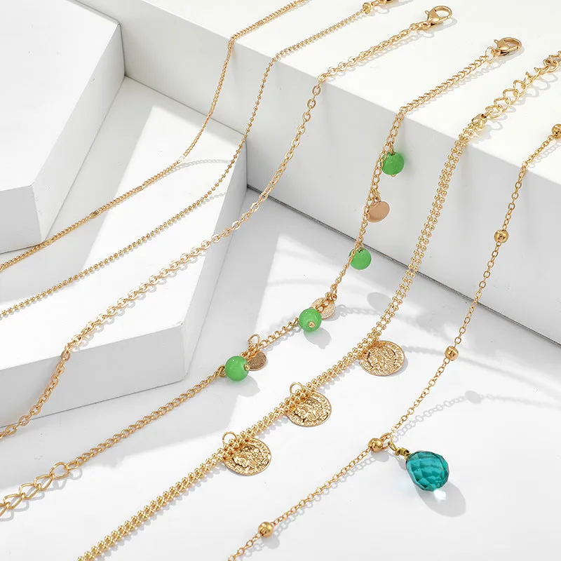 Bohemian Green Gemstone Tassel Disc Multilayer Bracelet
