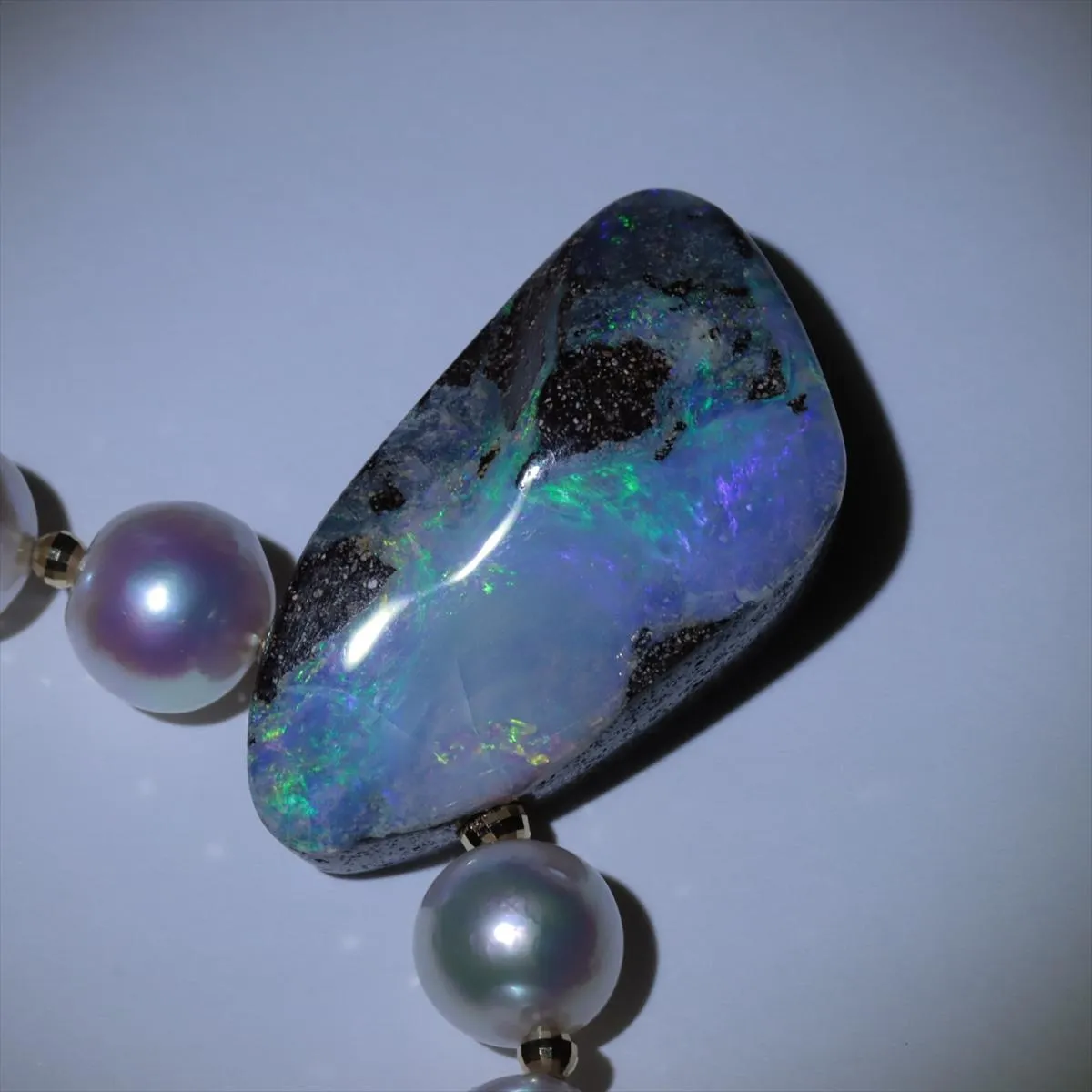 Boulder Opal Pendant. Pearl Necklace with Natural Boulder Opal pendant. Stunning