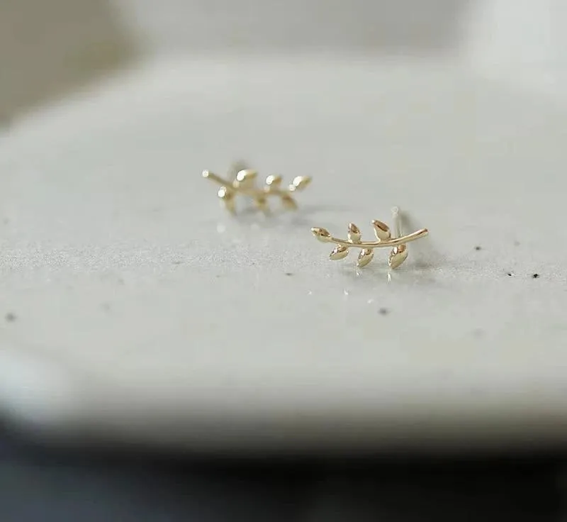 Branches Stud Temperament Mini Leaves Earrings Plated in 14k Gold