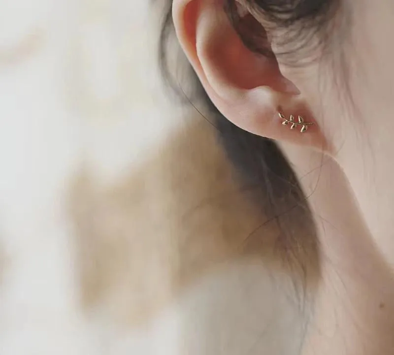 Branches Stud Temperament Mini Leaves Earrings Plated in 14k Gold