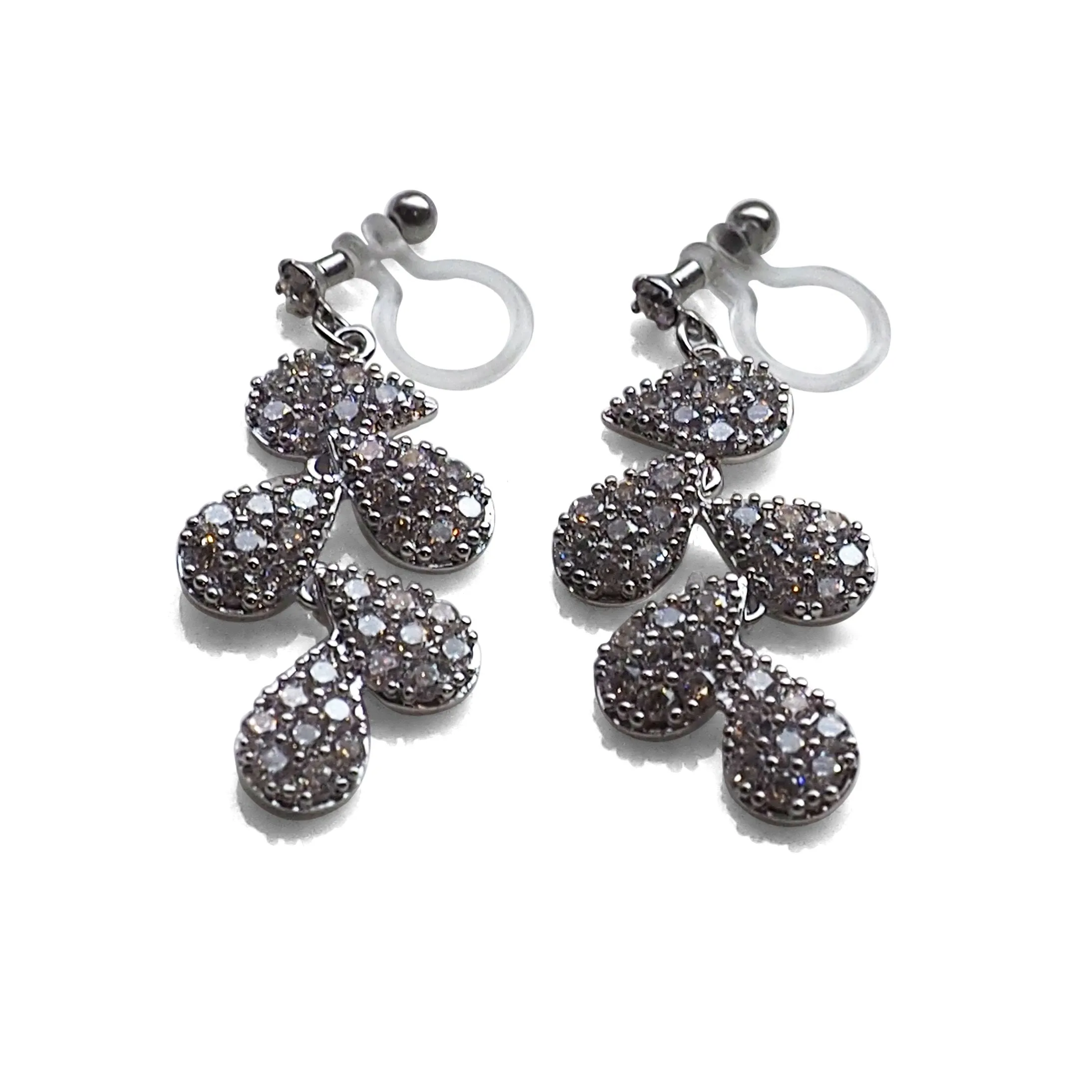 Bridal leaf cubic zirconia invisible clip on earrings  ( Silver tone )