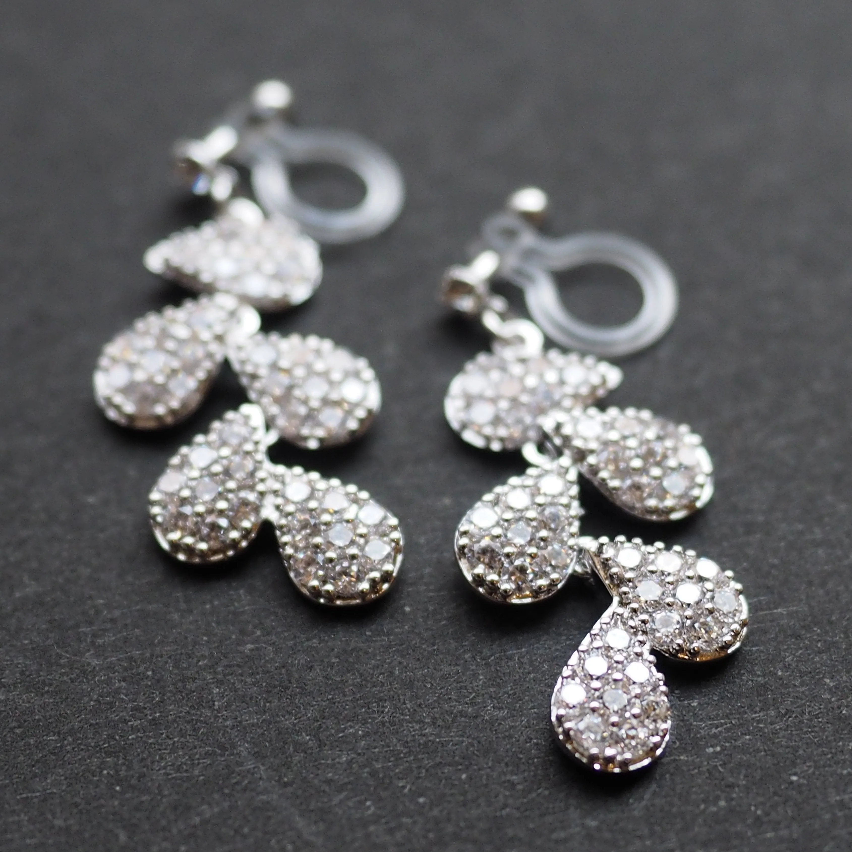Bridal leaf cubic zirconia invisible clip on earrings  ( Silver tone )