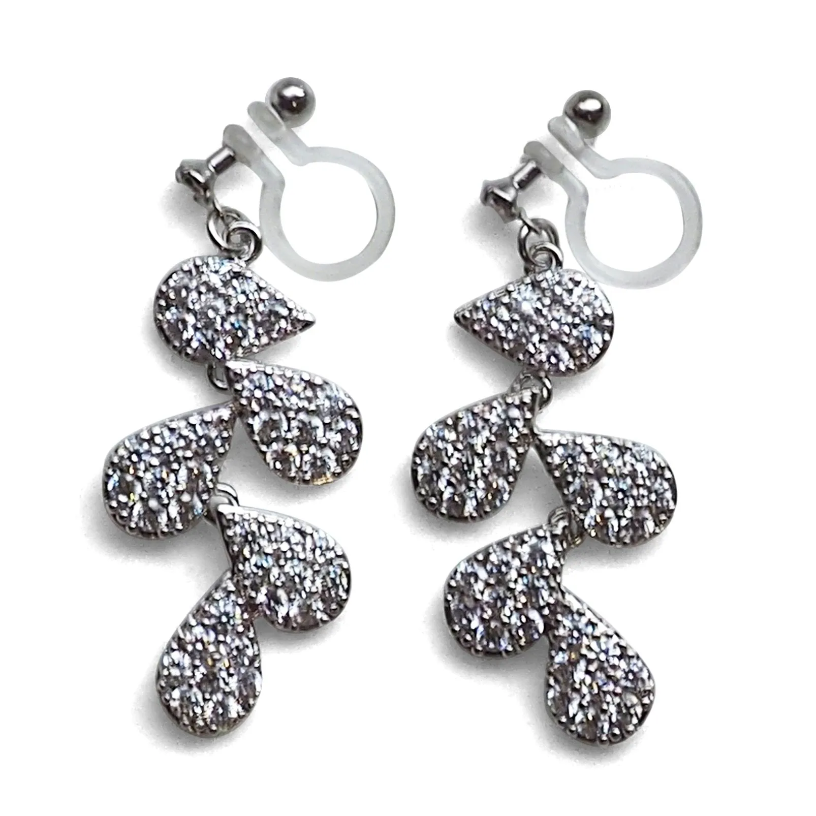 Bridal leaf cubic zirconia invisible clip on earrings  ( Silver tone )