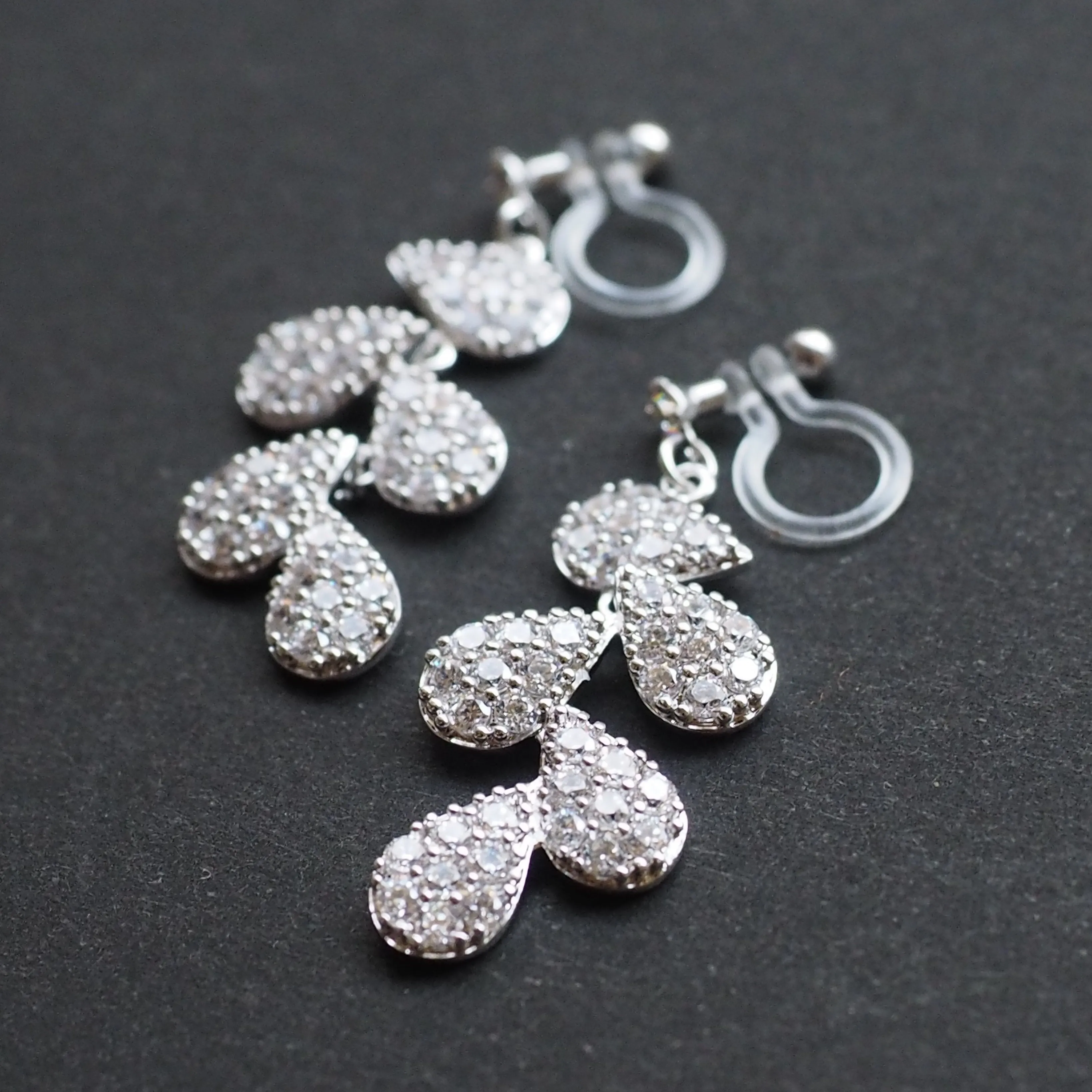 Bridal leaf cubic zirconia invisible clip on earrings  ( Silver tone )
