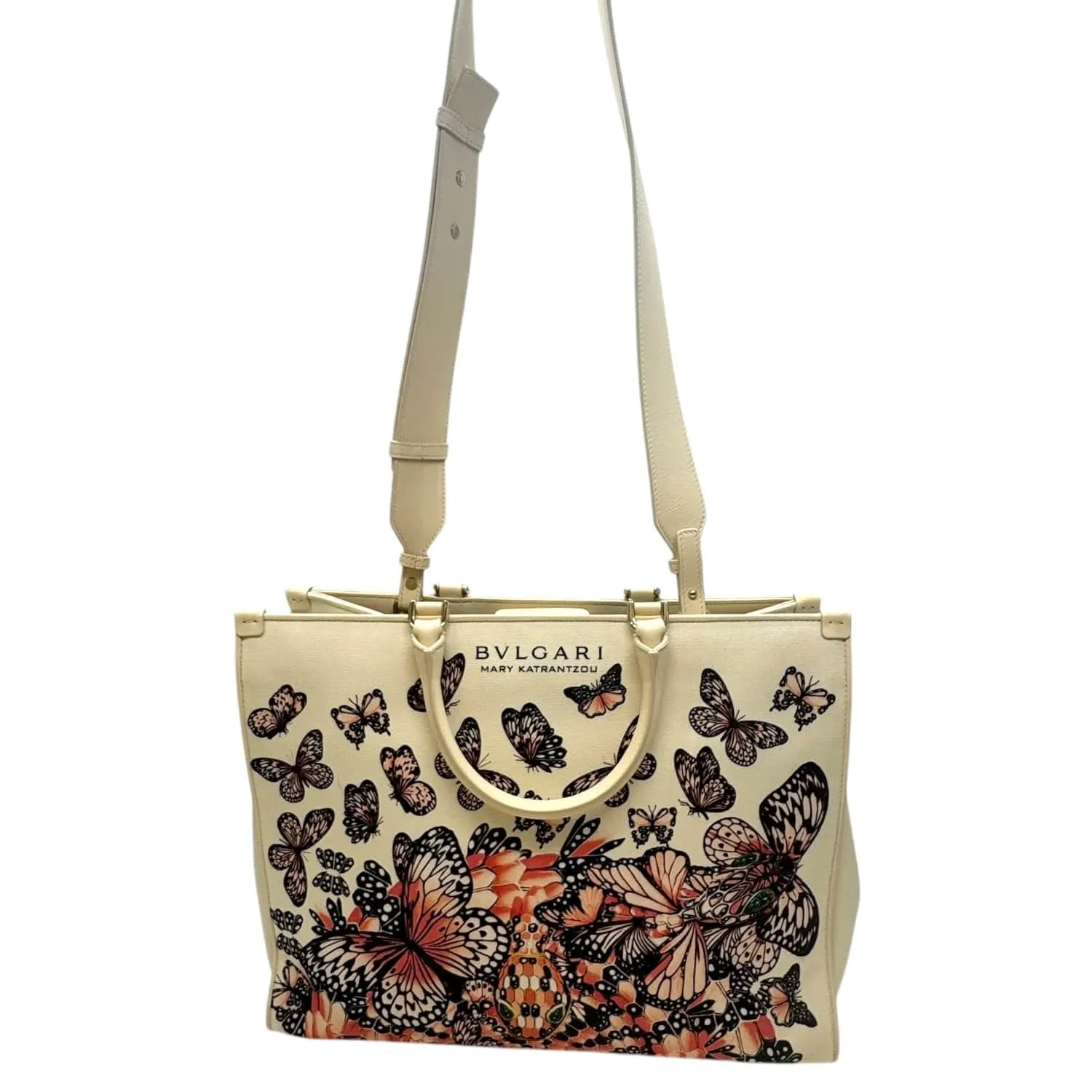 BULGARI Butterfly-Snake Motif Leather & Canvas Tote Bag - Cream/Multicolored