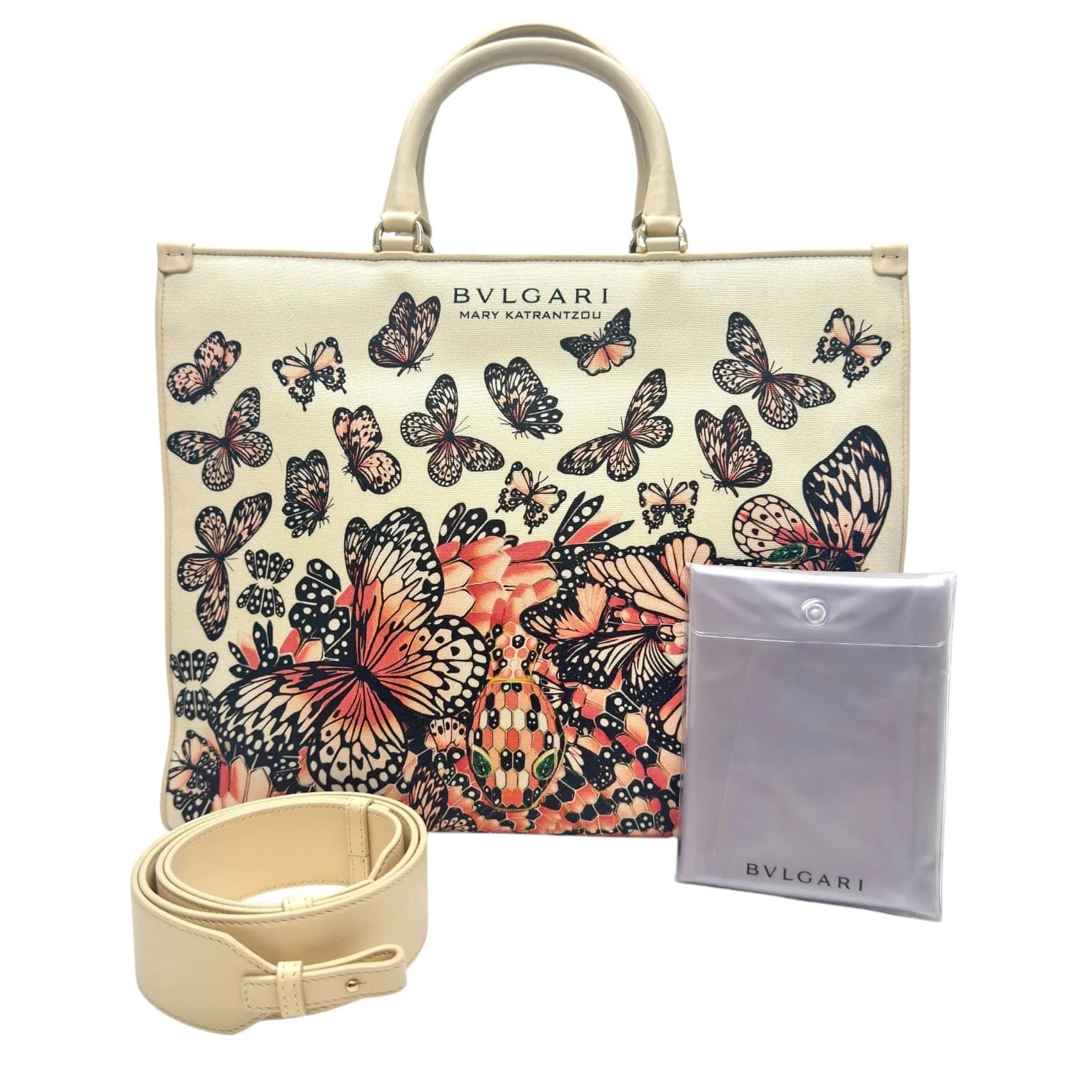 BULGARI Butterfly-Snake Motif Leather & Canvas Tote Bag - Cream/Multicolored