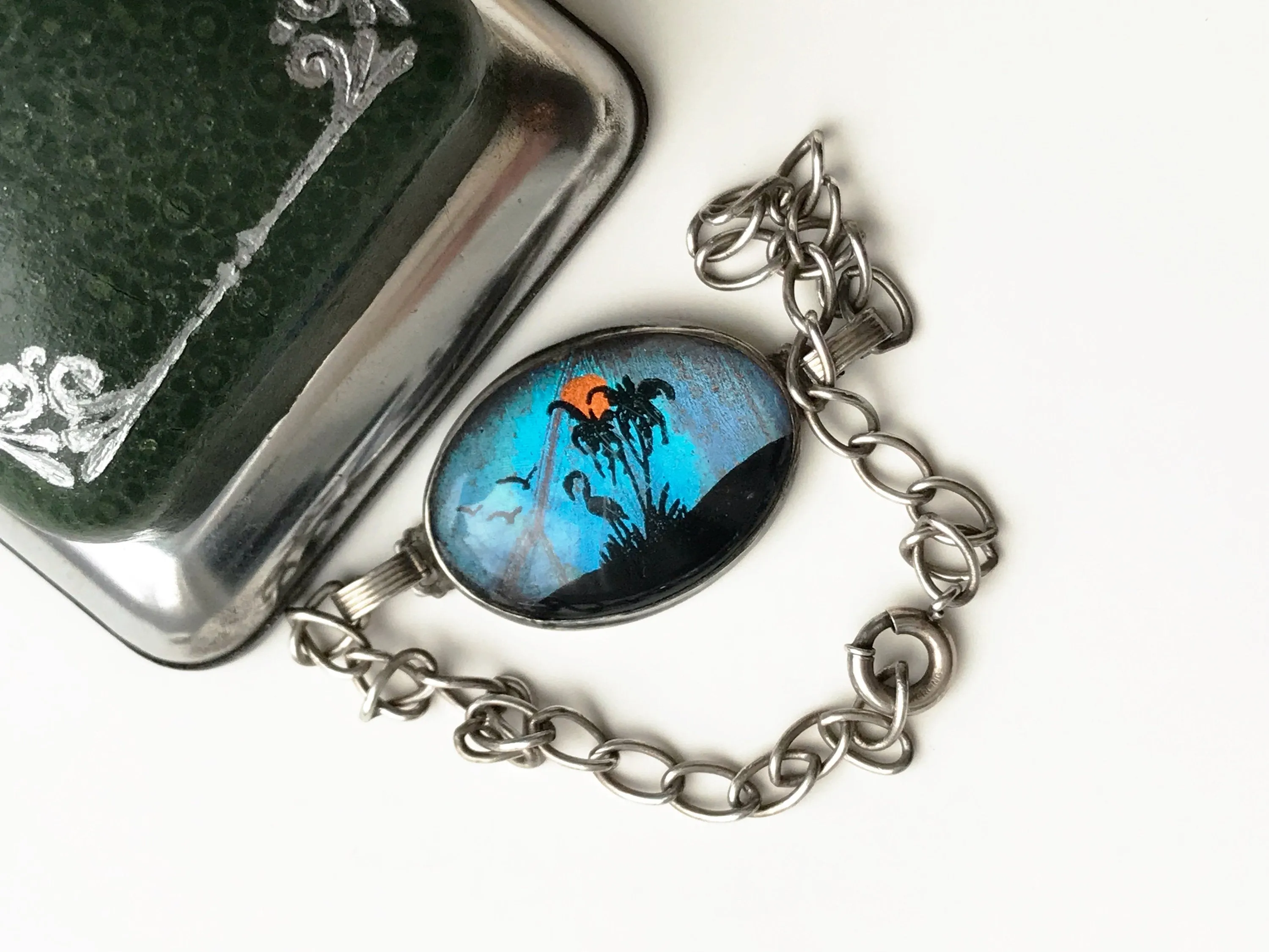 Butterfly Wing Bracelet with Flamingo, Birds and Palm Trees