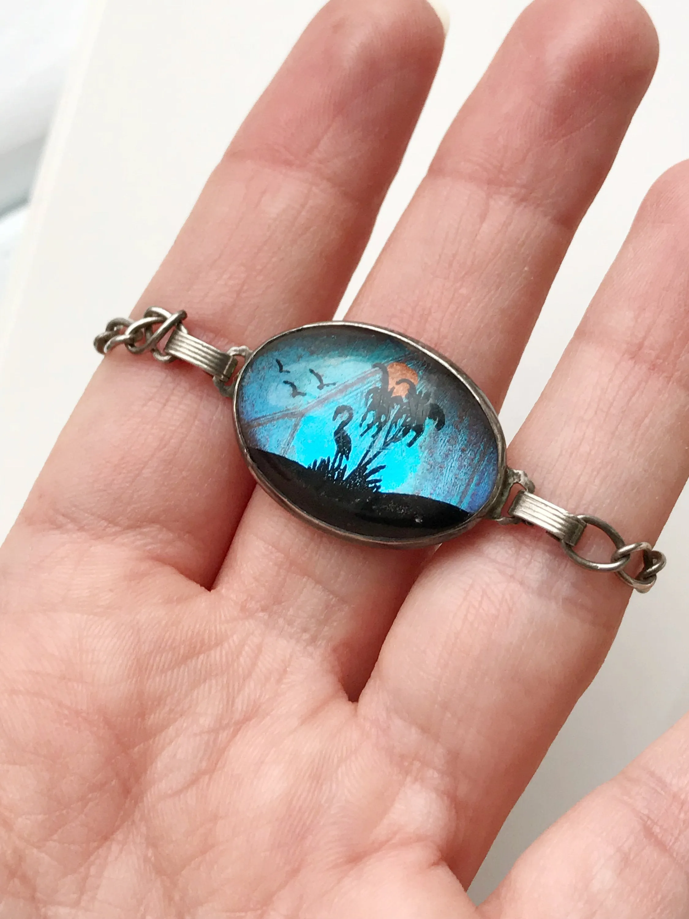 Butterfly Wing Bracelet with Flamingo, Birds and Palm Trees