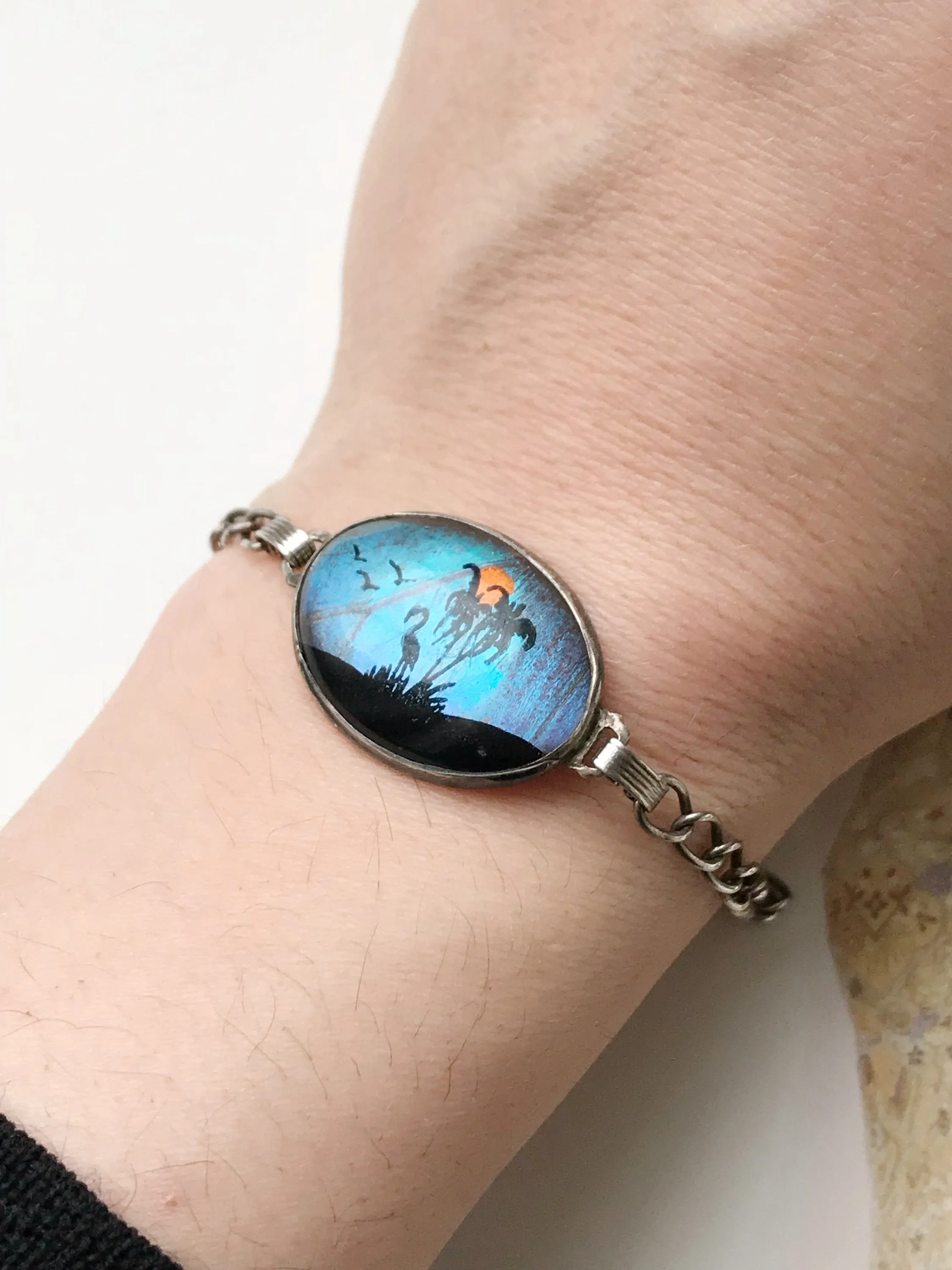 Butterfly Wing Bracelet with Flamingo, Birds and Palm Trees