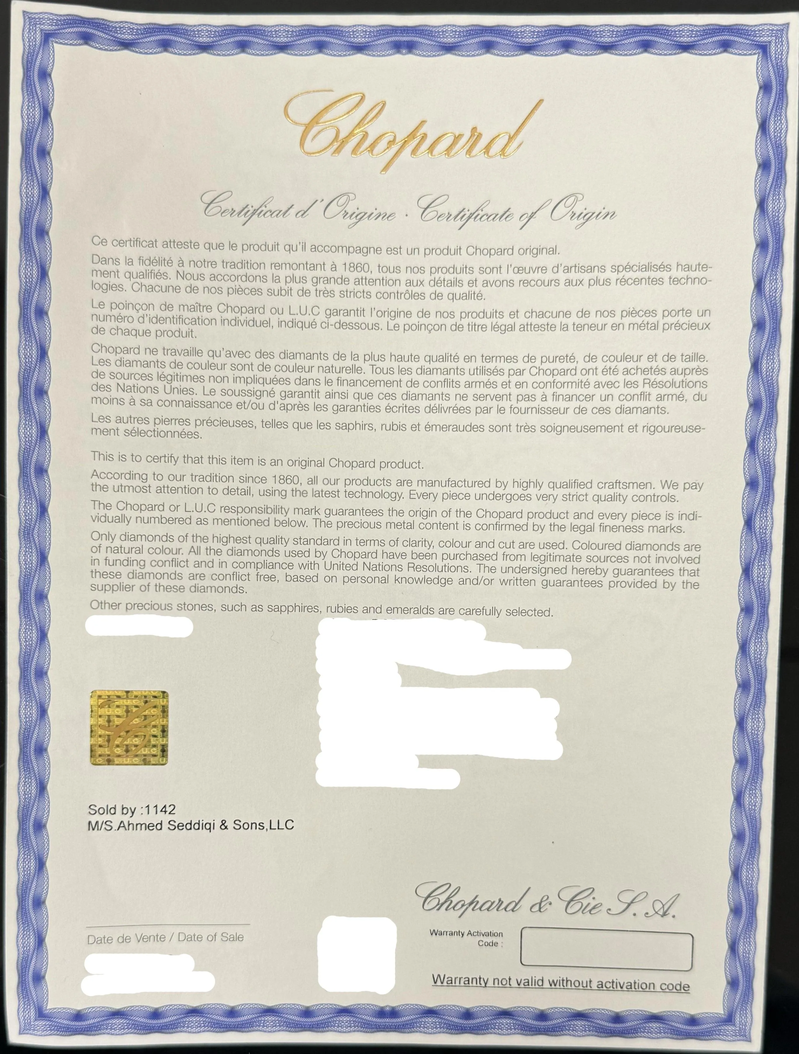 Chopard L.U.C XPS Esprit De Fleurier 35mm 131968-1002 Blue Mother of Pearl MOP Numeral Diamond Index Dial, Unworn 2024