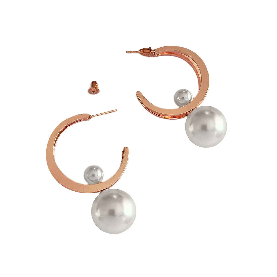 Circular Rose-Gold Toned Pearl Drop Oversized Double Layer Hoop Earrings