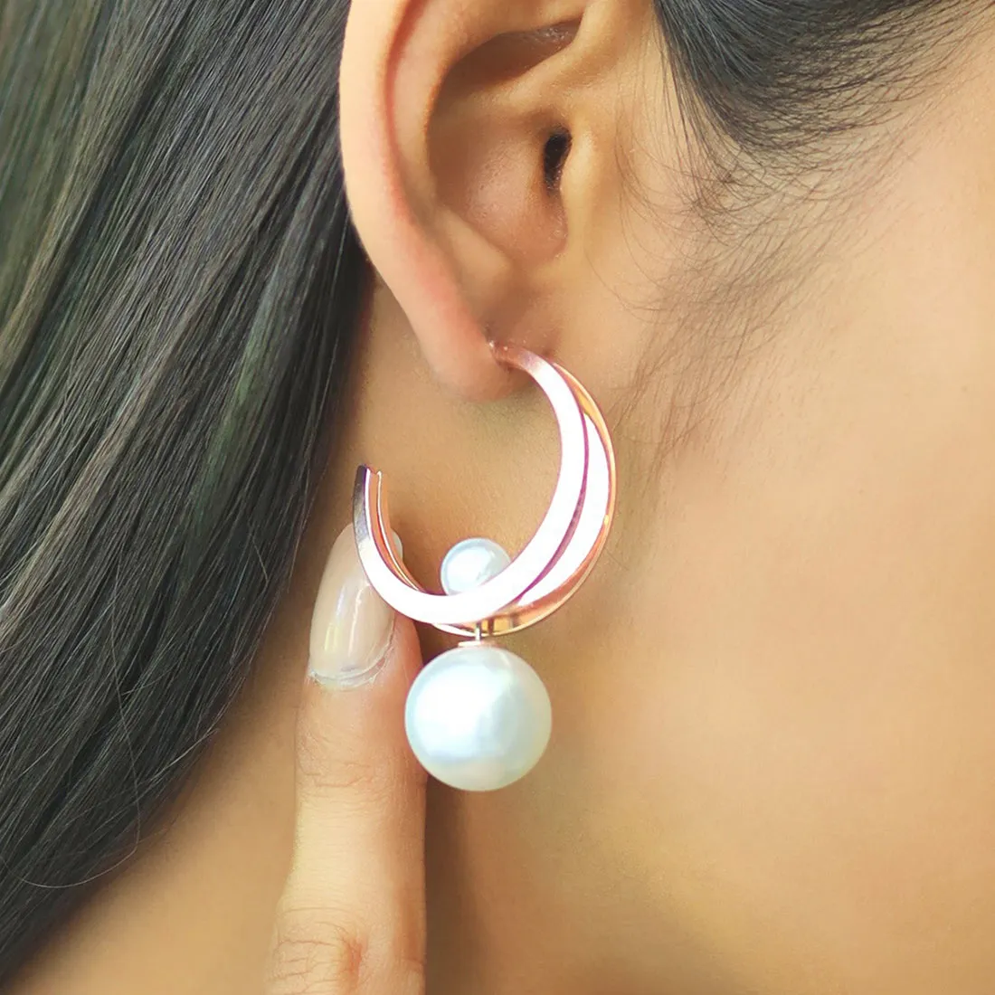 Circular Rose-Gold Toned Pearl Drop Oversized Double Layer Hoop Earrings