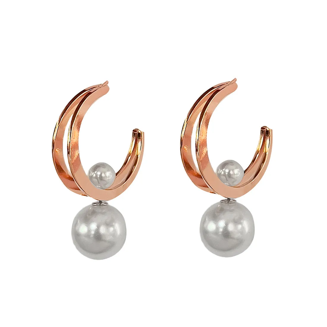 Circular Rose-Gold Toned Pearl Drop Oversized Double Layer Hoop Earrings