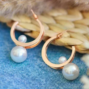 Circular Rose-Gold Toned Pearl Drop Oversized Double Layer Hoop Earrings