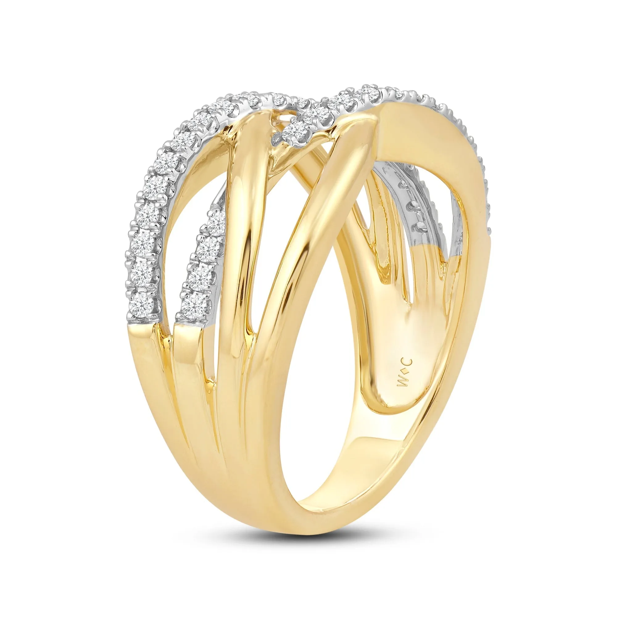 Crossover Studded and Gold Diamond Fashion Ring
