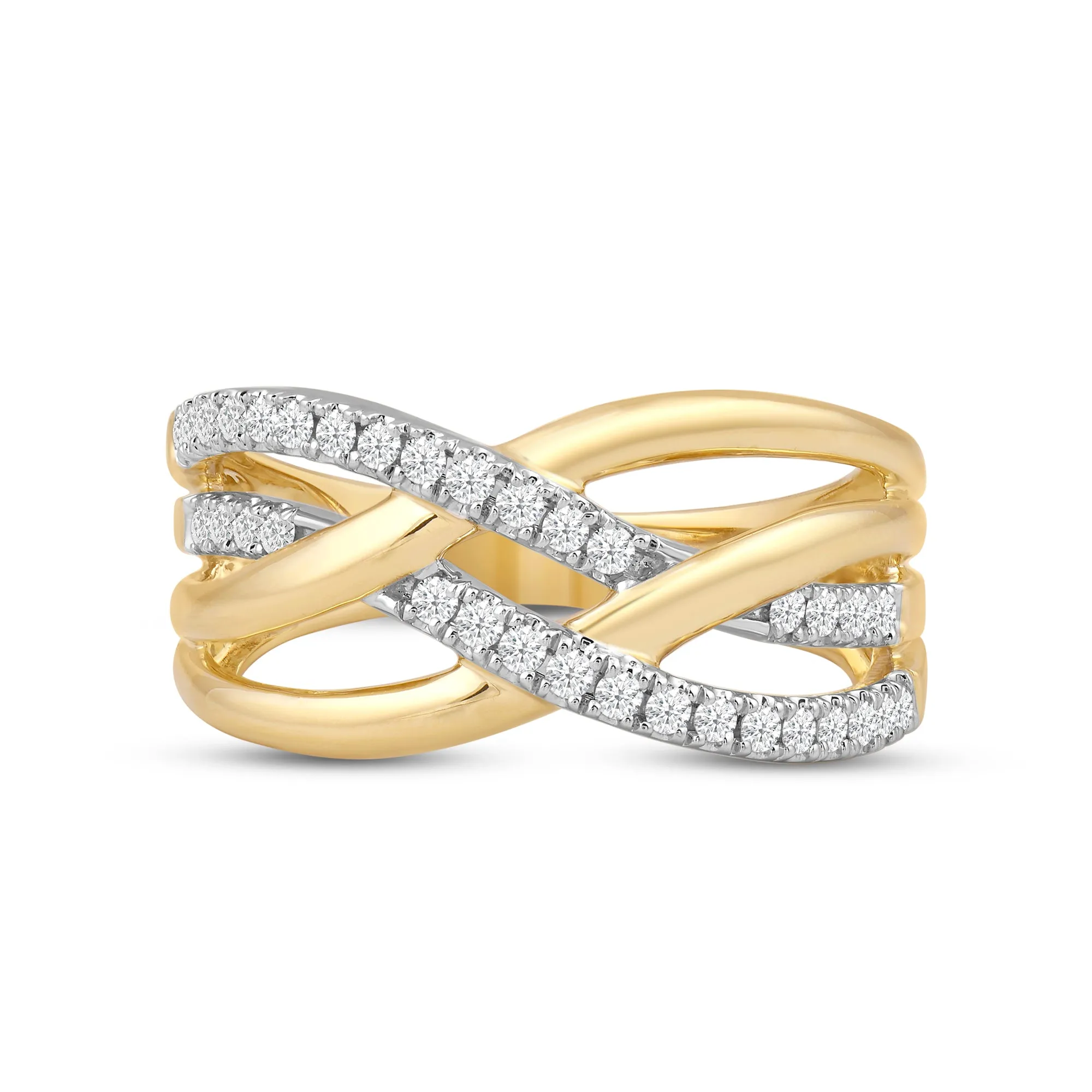 Crossover Studded and Gold Diamond Fashion Ring