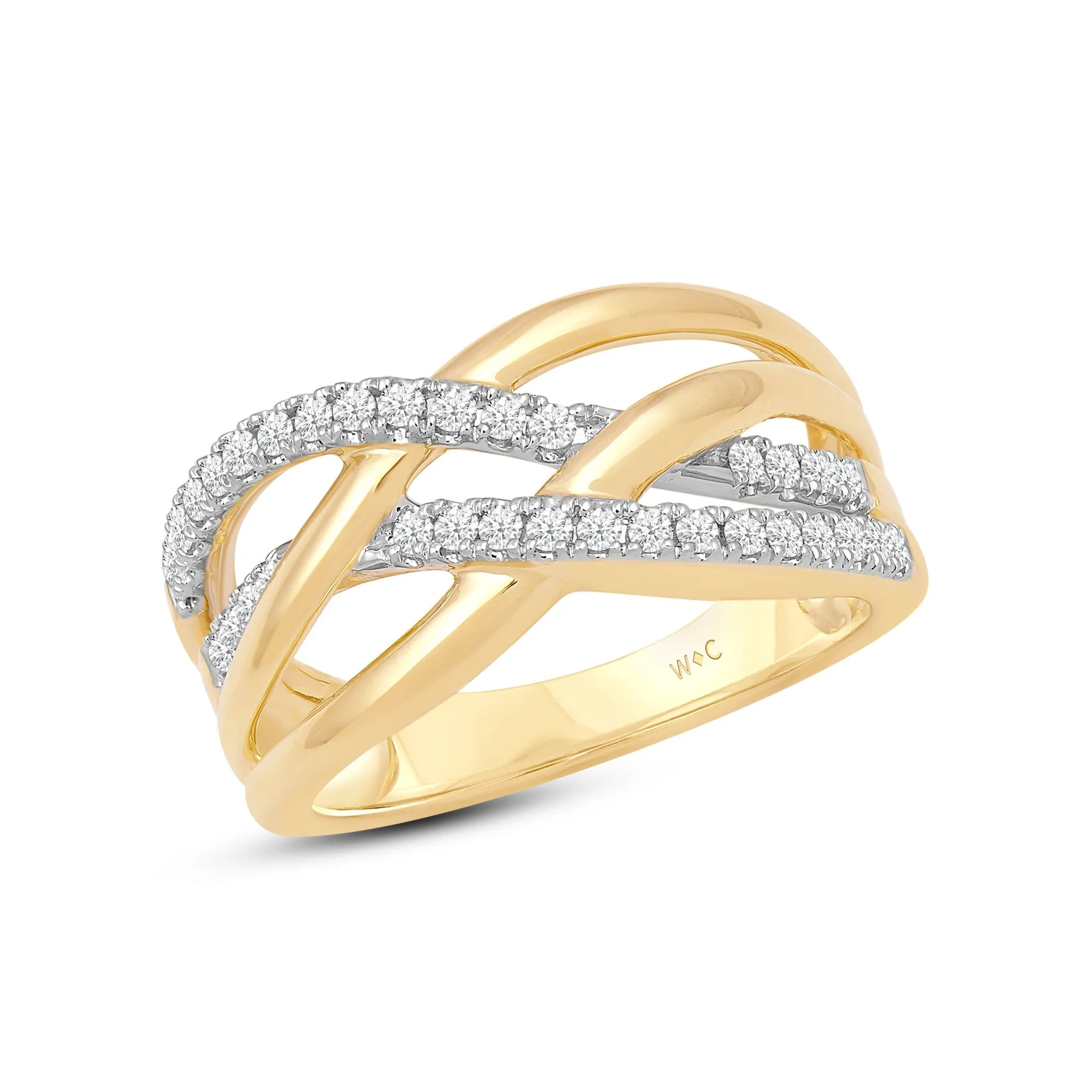 Crossover Studded and Gold Diamond Fashion Ring