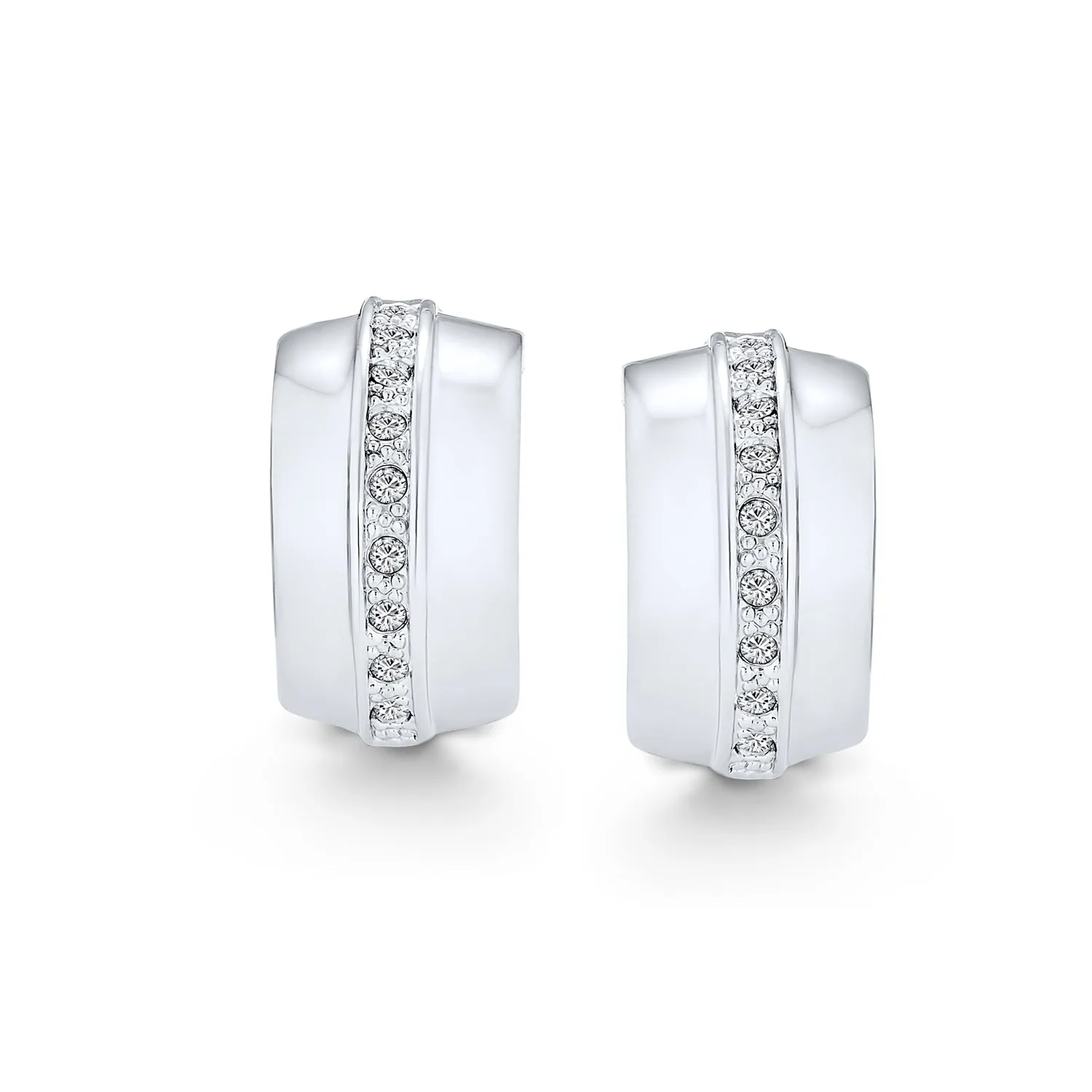 Crystal Wide Half Hoop Clip-On Earrings for Non-Pierced Ears Silver Tone Brass