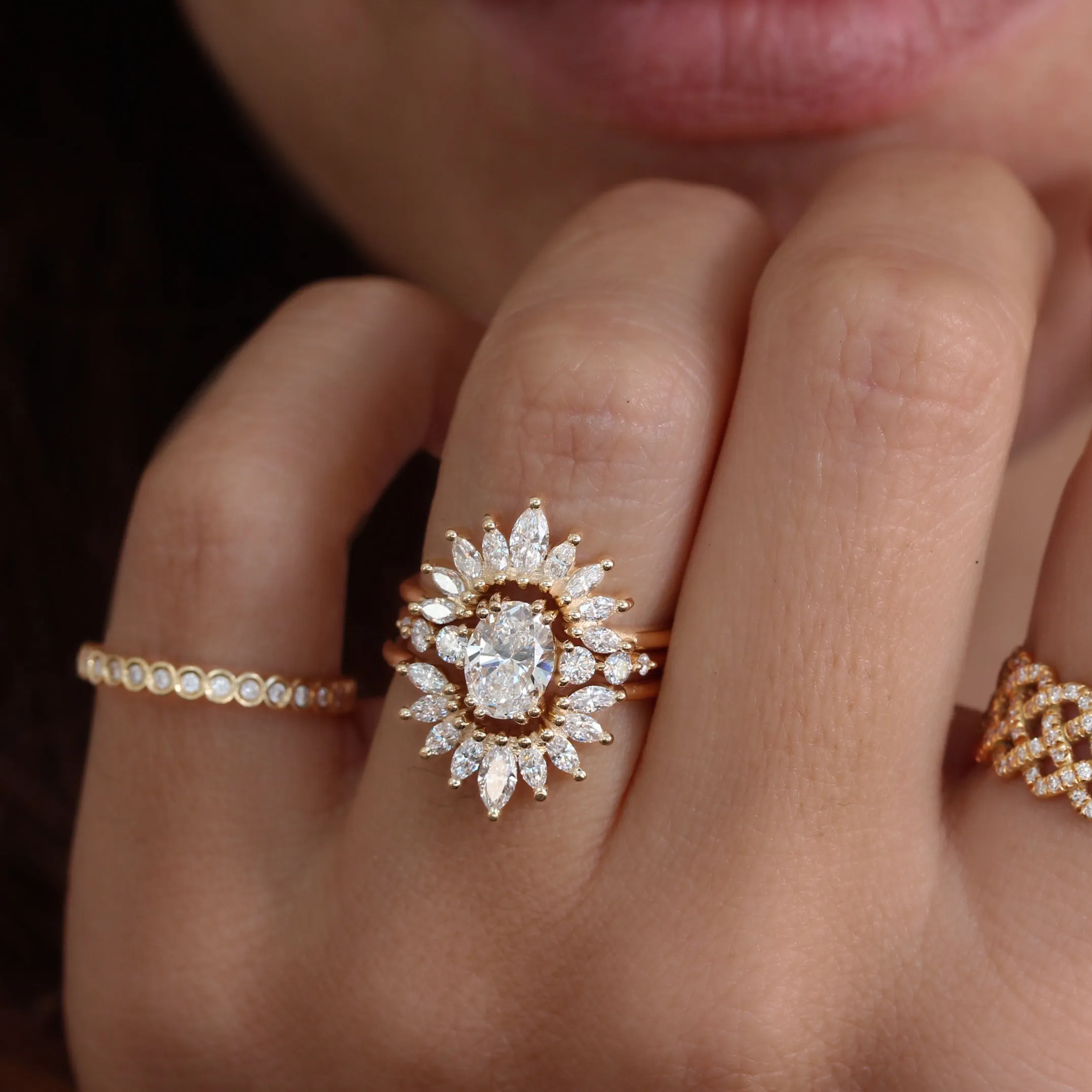 Curve Marquise Diamond Art Deco U Ring Sunburst ♥
